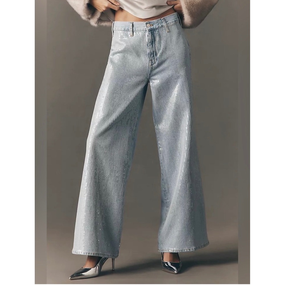 Pilcro Anthropologie Sequin Skater High-Rise Wide Leg Jeans Light Wash Blue NEW